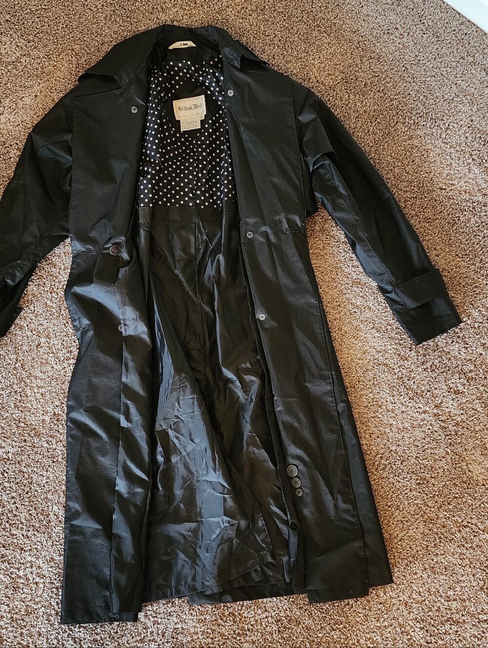 Vintage British Mist Black Double Belted Trench Rain Coat Sz 14 - Picture 11 of 15